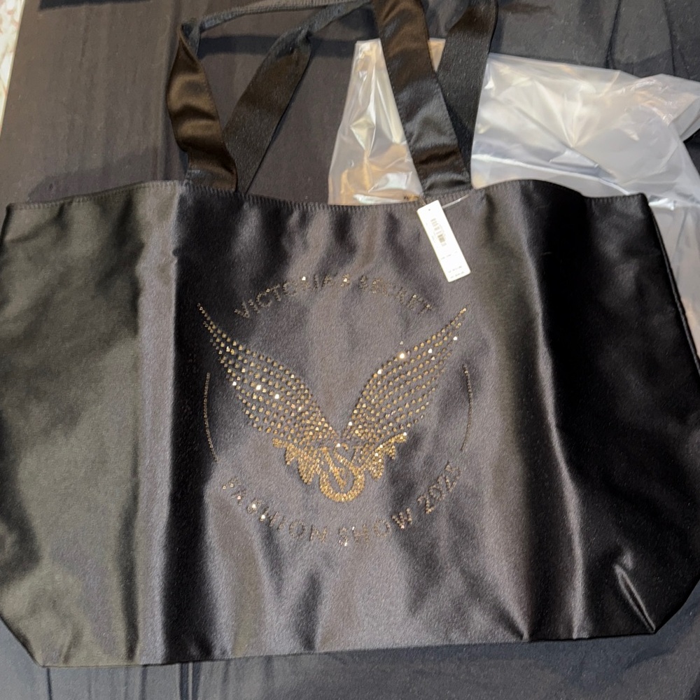 Victoria's Secret Limited Edition Tote Black Satin Gold Rhinestone detail